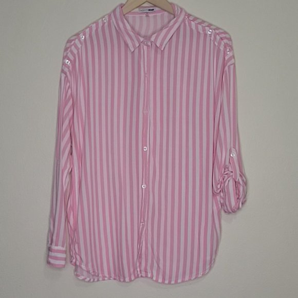 Fashion Nova Pink and White Striped Button Up Top, Size M - Picture 8 of 9